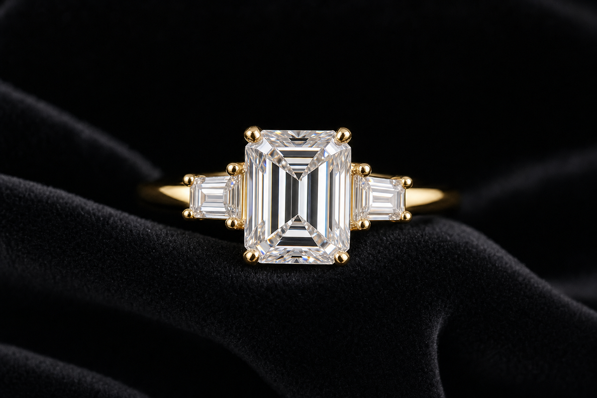 Emerald Cut Moissanite Three-Stone Ring on black velvet