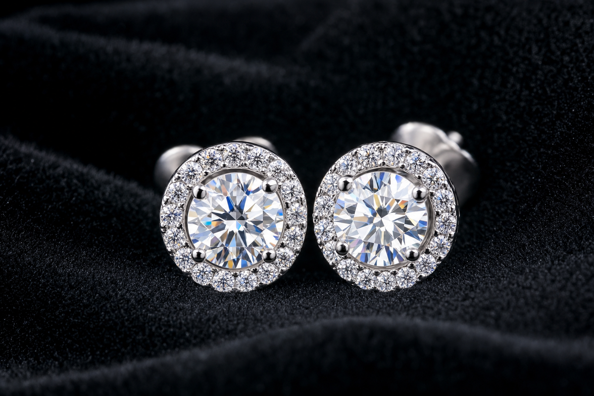Moissanite Halo Stud Earrings on black velvet