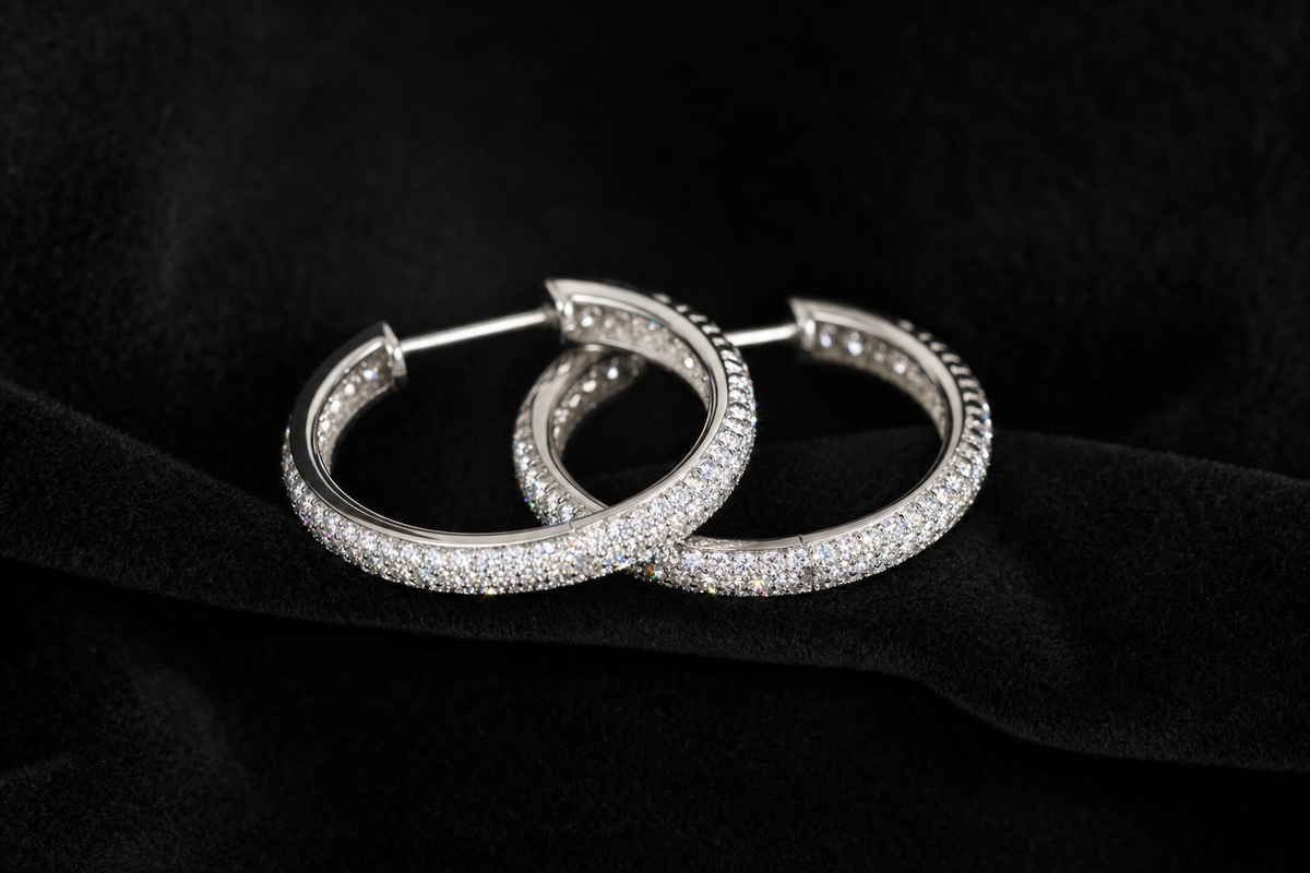 Moissanite Inside-Out Hoop Earrings on black velvet