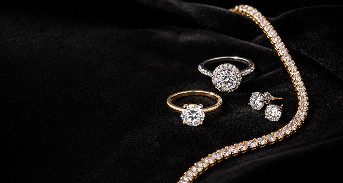 Luminia lab-grown diamond and moissanite jewelry on black velvet