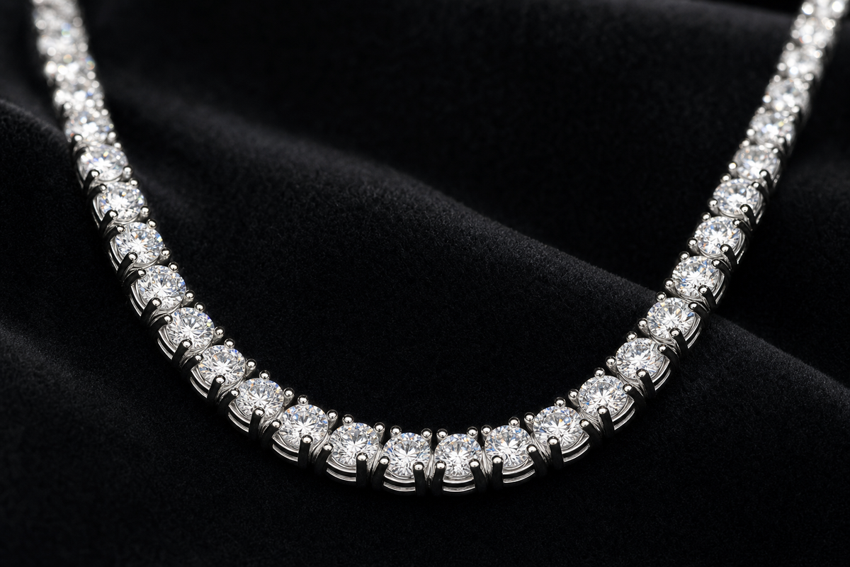 Moissanite Tennis Necklace on black velvet